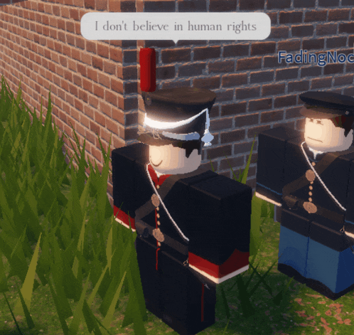 a video game character says " i don 't believe in human rights " in front of a brick wall