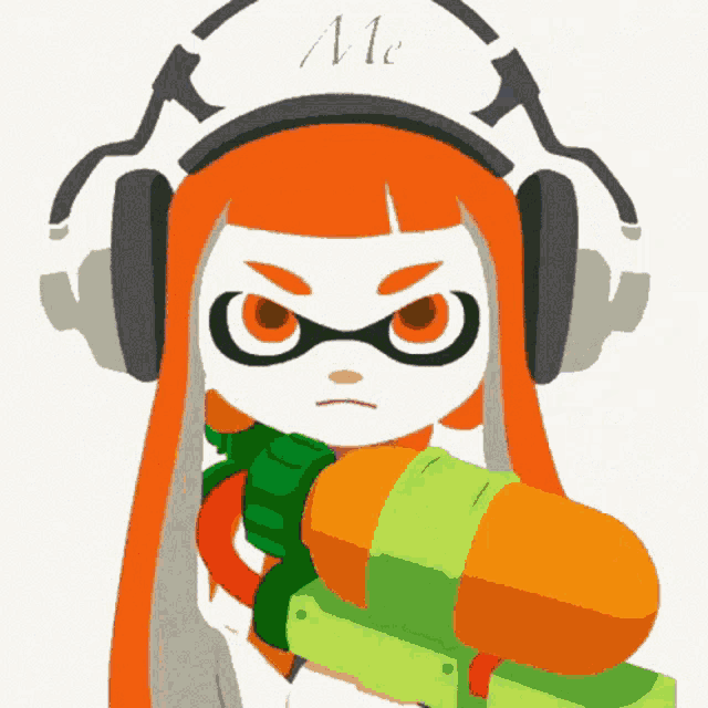 a cartoon character wearing headphones and holding a green and orange water gun