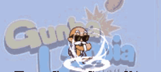 a cartoon character is surrounded by a cloud of smoke in front of a sign that says gumbia