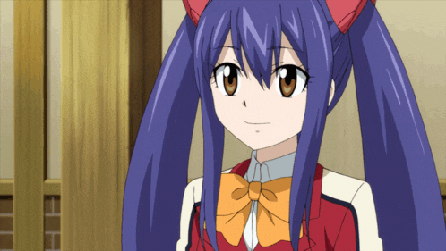 wendy from fairy tail is wearing a red jacket and an orange bow tie