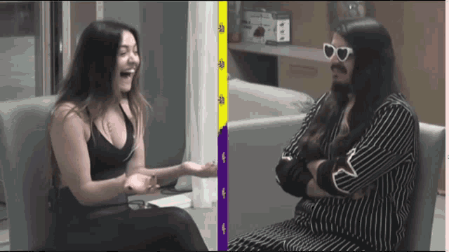 a man and a woman are sitting next to each other and the man is wearing sunglasses