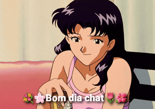 a picture of a girl with the words bom dia chat written on it