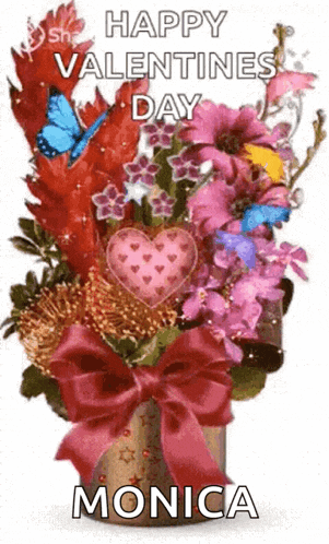 a bouquet of flowers with a heart in the middle and the words `` happy valentine 's day monica '' written on it .