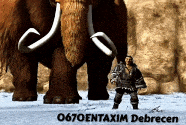 a man standing next to a mammoth with the words 0670entaxim debrecen written below him