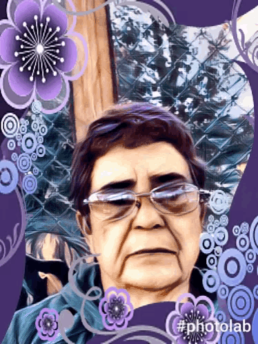 a woman wearing glasses is surrounded by purple flowers and the hashtag photolab