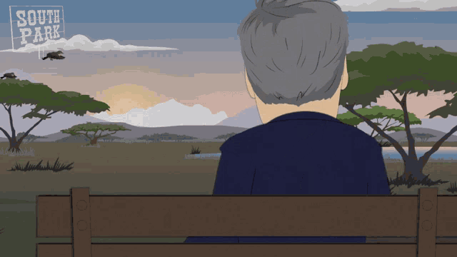 a cartoon of a man sitting on a bench with a sign that says south park on it