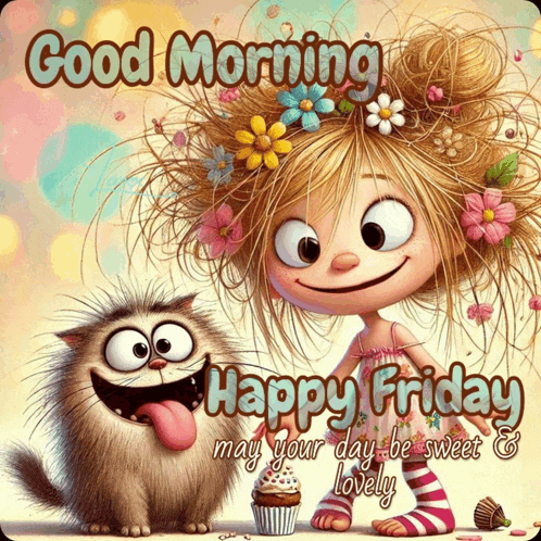 a picture of a girl with flowers in her hair and a cat with its tongue out says good morning happy friday