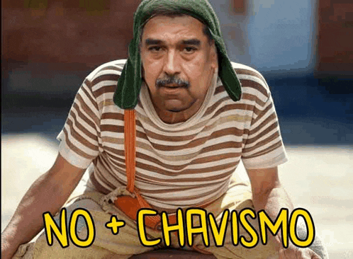a man is wearing a striped shirt and a green hat with the words no + chavismo written on it .