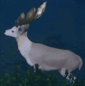 a white deer with golden antlers is standing in a field