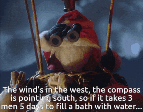 a picture of santa claus with binoculars and the words " the wind 's in the west "
