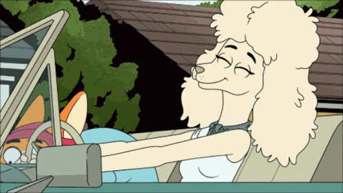 a cartoon of a woman driving a car with a poodle on the back seat