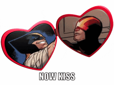 a picture of wolverine and cyclops with the words now kiss below