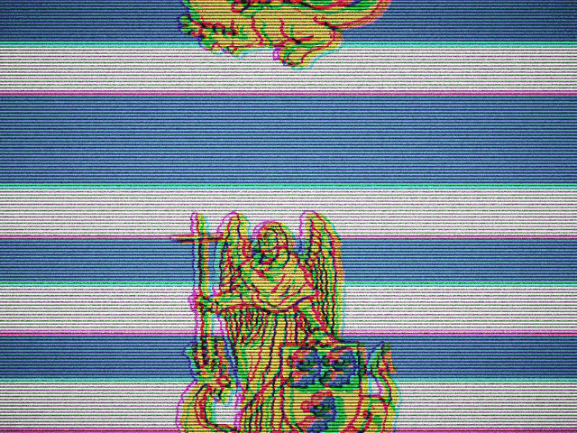 a glitch effect of a statue of an angel with a sword