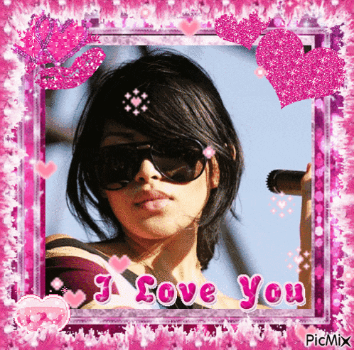 a picture of a woman wearing sunglasses with the words i love you on the bottom
