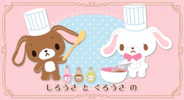 a cartoon of two rabbits wearing chef hats and holding a spoon