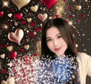 a woman holds a bouquet of flowers in front of a background of hearts