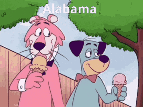 a pink panther is holding an ice cream cone next to a blue dog holding an ice cream cone .