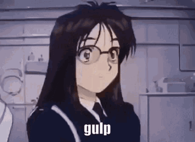 a girl wearing glasses and a school uniform is standing in a room .