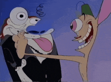 two cartoon characters are standing next to each other and one of them has a tongue sticking out