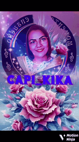 a picture of a woman surrounded by pink roses with the name carl kika on the bottom
