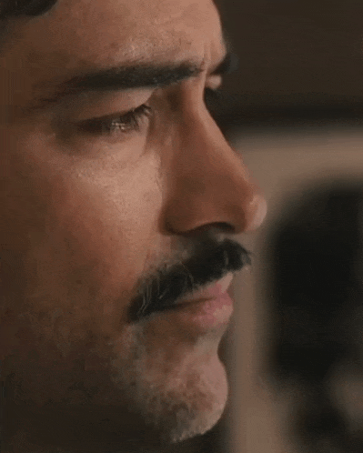 a close up of a man with a mustache and beard .