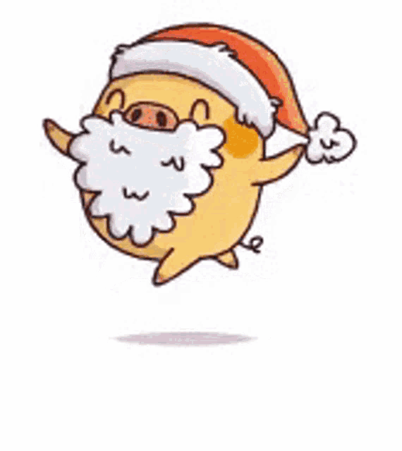 a pig with a santa hat and beard is flying in the air .