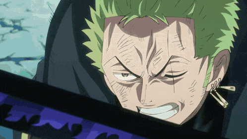 a close up of a cartoon character 's face with a sword in the background