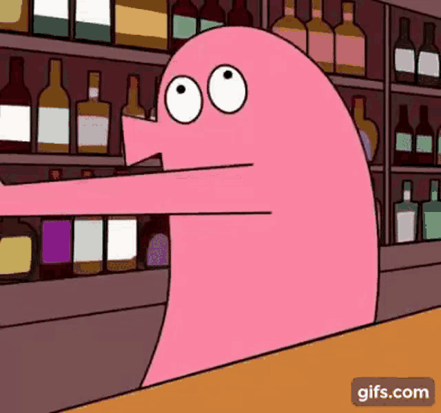 a pink cartoon character is standing in front of a bar full of bottles .