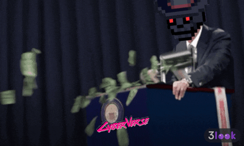 a man in a suit stands at a podium with money falling around him and the word cyberverse on the bottom right