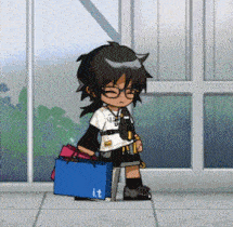 a cartoon character is carrying a blue bag that says it on it