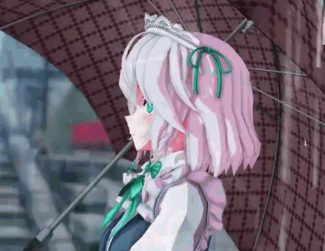 a girl with pink hair and a crown is holding an umbrella in the rain .