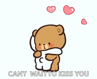 a couple of teddy bears hugging each other with hearts floating around them .