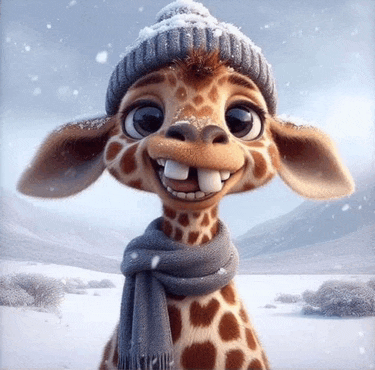 a giraffe wearing a scarf and a hat is smiling in the snow .