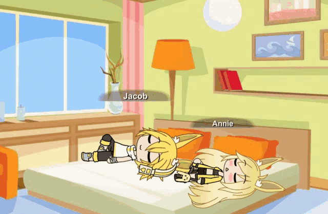 jacob and annie are laying on a bed and talking