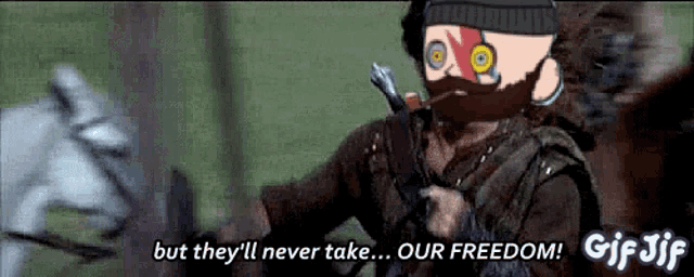 a gif of a man holding a sword with the words but they 'll never take our freedom