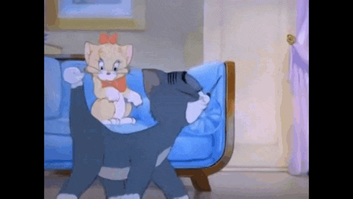 tom and jerry are playing with a kitten on a couch .