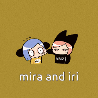 a cartoon drawing of mira and iri on a brown background