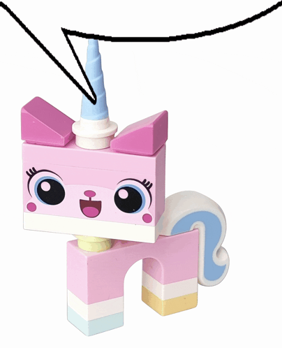 a pink lego unicorn with a blue horn and a blue tail
