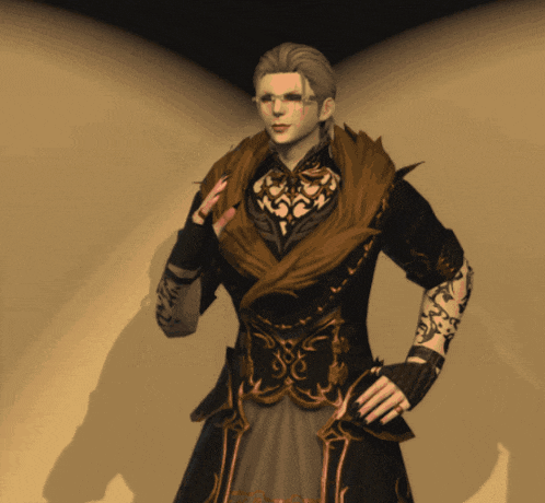 a man in a black and gold outfit is standing in a corner of a room