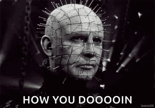 a black and white photo of a man with pins in his head and the words `` how you doooin '' below him .