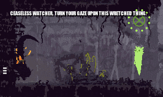 a pixel art scene with the words " ceaseless watcher turn your gaze upon this wretched thing " at the top