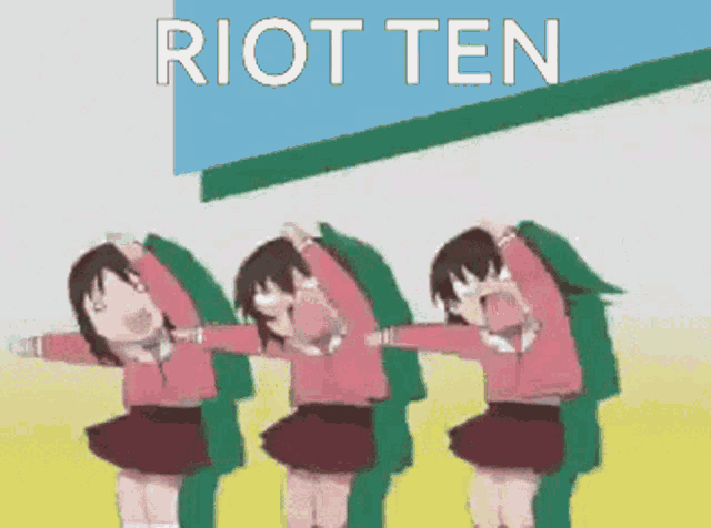 a group of girls are dancing in front of a sign that says riot ten .