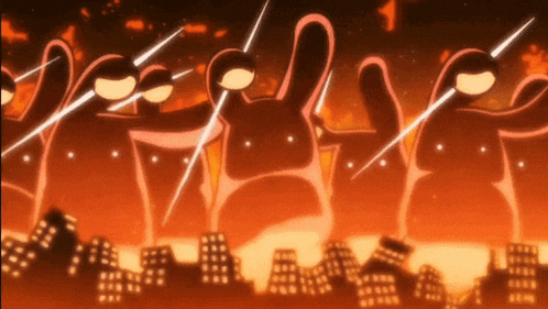 a bunch of cartoon characters holding swords in front of a city