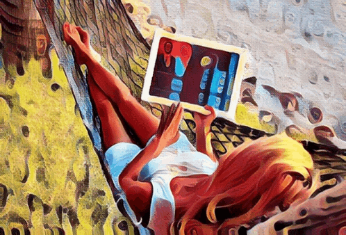 a painting of a woman laying in a hammock looking at a tablet