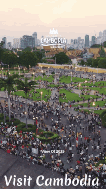 an advertisement for visit cambodia shows a large crowd of people in a park