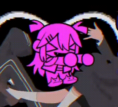 a pink cartoon character is holding a microphone in a dark room .