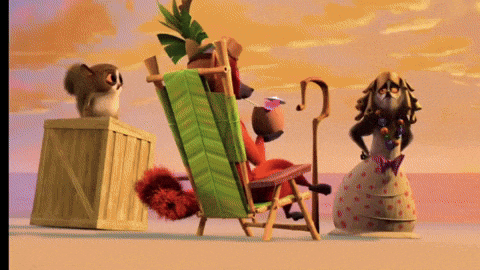 a squirrel sits on a box next to a cartoon character in a chair