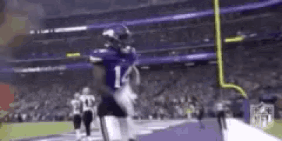 a football player with the number 14 on his jersey is running on the field during a game .