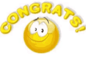a yellow smiley face is giving a thumbs up and the words congrats are above it