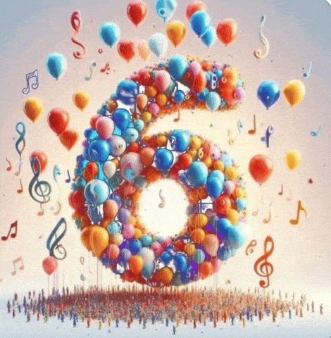 a large group of people are gathered around the number 6 made of balloons